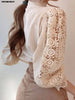 Image of Women Chiffon Button Turtleneck Shirt Chic Elegant Floral Lace Fluffy Long Sleeve Top Fashion Hollow Oversize White Blouse 2024 Shopping