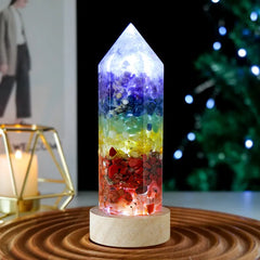 Crystal Column Led Night Light USB Wood Luminous Base 7 Chakra Orgonite Gravel Resin Obelisk Light Ornament Shopping