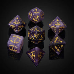 Cusdie Handmade Amethyst Dice 7Pcs 16mm Polyhedral Stone Dice Set with Leather Box Gemstone D&D Dices for Collection RPG Shopping