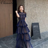 Image of Maxi Dresses for Women 2023 New Summer Dark Blue Exquisite Lace Stitching Short Sleeve Multi-layer Cake Dress Slimming Dress Shopping