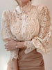 Image of Women Chiffon Button Turtleneck Shirt Chic Elegant Floral Lace Fluffy Long Sleeve Top Fashion Hollow Oversize White Blouse 2024 Shopping