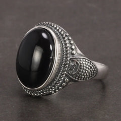 Real Pure 925 Sterling Silver Natural Black Onyx Stone Rings For Women Vintage Style Thai Silver Resizable Open Type