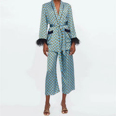 Women's Suits Sunc Spring LOOSE Blue Printed Kimono Jacket with Feather Sleeves Wide Leg Pants Two-piece Viintage Clothing Suits Shopping