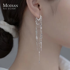 Modian Real 925 Sterling Silver Long Tassel Sparkling Trendy Drop Earrings for Women Dangle Earrings Fine Jewelry Wedding Gift Shopping