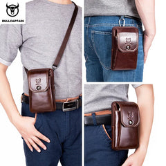 BULLCAPTAIN Genuine Leather Men's Waist Packs Phone Pouch Bags Waist Bag Male Small Chest Shoulder Belt Bag Small Waist Packs