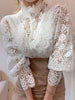 Image of Women Chiffon Button Turtleneck Shirt Chic Elegant Floral Lace Fluffy Long Sleeve Top Fashion Hollow Oversize White Blouse 2024 Shopping