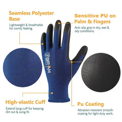 3pairs Ultra-Thin PU Coated Work Gloves,Excellent Grip,Nylon Shell Black Polyurethane Coated Safety Work Gloves, Knit Wrist Cuff