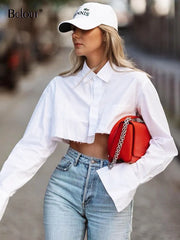 Bclout Fashion White Crop Tops Women 2024 Blouses Elegant Flare Sleeve Asymmetry Black Shirts Blouses Streetwear Sexy Top Spring Shopping