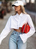 Image of Bclout Fashion White Crop Tops Women 2024 Blouses Elegant Flare Sleeve Asymmetry Black Shirts Blouses Streetwear Sexy Top Spring Shopping