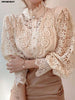 Image of Women Chiffon Button Turtleneck Shirt Chic Elegant Floral Lace Fluffy Long Sleeve Top Fashion Hollow Oversize White Blouse 2024 Shopping