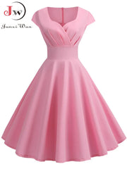 Pink Summer Dress Women V Neck Big Swing Vintage Dress Robe Femme Elegant Retro pin up Party Office Midi Dresses Shopping