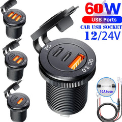 Usb socket in the car Quick Charge  PD 3.0  Car Charger 60W  Outlet Socket For 12V 24V Motorcycle Boat Marine Truck ATV Shopping