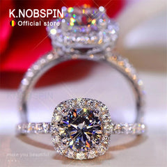 KNOBSPIN D Color Round Moissanite Ring 925 Sterling Silver Plated with 18k White Gold Rings for Women Wedding Band Fine Jewelry Shopping