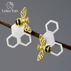 Lotus Fun 18K Gold Unusual Asymmetrical New Honeycomb and Bee Stud Earrings for Women Original Real 925 Sterling Silver Jewelry Shopping