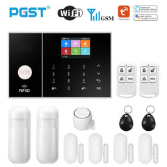 PGST Smart Life Alarm System for Home WIFI GSM Security Alarm Host with Door and Motion Sensor Tuya Smart App control work Alexa Shopping