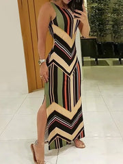 Colorful Striped Print Side Slit Maxi Dress Women Colorblock Sleeveless Slim Long Dresses Shopping