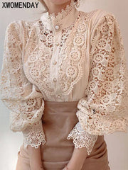 Women Chiffon Button Turtleneck Shirt Chic Elegant Floral Lace Fluffy Long Sleeve Top Fashion Hollow Oversize White Blouse 2024 Shopping