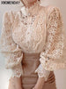 Image of Women Chiffon Button Turtleneck Shirt Chic Elegant Floral Lace Fluffy Long Sleeve Top Fashion Hollow Oversize White Blouse 2024 Shopping