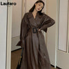 Image of Lautaro Long oversized leather trench coat for women long sleeve lapel loose fit Fall Stylish black women clothing streetwear Shopping