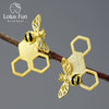 Image of Lotus Fun 18K Gold Unusual Asymmetrical New Honeycomb and Bee Stud Earrings for Women Original Real 925 Sterling Silver Jewelry Shopping