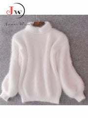 White Mohair Thicken Turtleneck Sweater Autumn Winter Sweet Fashion Lantern Sleeve Casual Solid Color Pullover pull femme Shopping