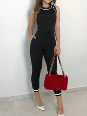 Contrast Binding Tie Waist Casual Jumpsuit Women Rompers Sleeveless Summer One Piece Overall Shopping