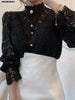 Image of Women Chiffon Button Turtleneck Shirt Chic Elegant Floral Lace Fluffy Long Sleeve Top Fashion Hollow Oversize White Blouse 2024 Shopping