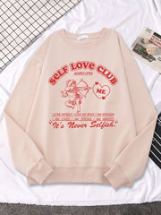 Self Love Club Cupid's Arrow Print Sweatshirt Women Casual Crewneck Sportswear Fleece Warm Hoodies Loose Comfortable Clothes Shopping