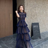 Image of Maxi Dresses for Women 2023 New Summer Dark Blue Exquisite Lace Stitching Short Sleeve Multi-layer Cake Dress Slimming Dress Shopping