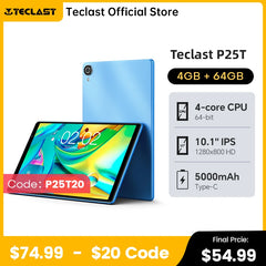 Teclast P25T 2023 Android 12 Tablet 10.1 inch IPS 1280x800 4GB RAM 64GB ROM 2.4G+5G Wi-Fi 6 BT 5.0 Type-C Dual Cameras Shopping111