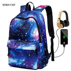 Men Canvas School Laptop Backpack Galaxy Star Universe Space USB Charging for Teenagers Boys Student Girls Bags Travel  Mochila Shopping