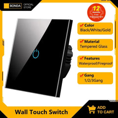 BONDA Wall Touch Switch 220V EU Standard Tempered Crystal Glass Panel Power 1/2/3 Gang 1 Way Light Sensor Switches Waterproof - Shopping