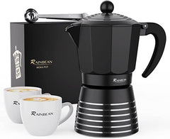 Stovetop Espresso Maker 6 Cup 300ml, Aluminum Moka Pot Gift Set, Italian Cuban Greca Coffee, Easy To Use & Clean - Set Including 2 Cups, Spoon, Black, Perfect Gifts For Coffee Lovers Shopping