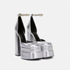 Image of Golden Square Head Hollow Waterproof Platform Buckled Chunky Heel Super High Heel Shopping