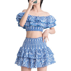 Seaside Vacation Style Two-piece Collar Short Ruffled Shirt High Waist Skirt Outfit