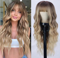 26 Inch Long Ash Blonde Wig With Bangs Natural Wavy Hair - Perfect For Daily Wear And Middle Part Style Shopping