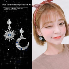 Silver Stud Rhinestone-encrusted Asymmetric Star And Moon Stud Earring Fashion Simple