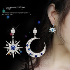 Silver Stud Rhinestone-encrusted Asymmetric Star And Moon Stud Earring Fashion Simple Shopping