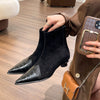 Image of Retro Patchwork Pointed Boots Back Zipper Kitten Heel Shopping