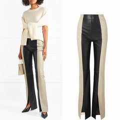 High Waist Slim Two Tone Patchwork PU Leather Pants Shopping