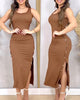 Image of Women's Elegant Sunken Stripe Sleeveless Button Long Dress Shopping