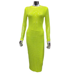 Long Sleeve Heavy Industry Sparkling Full Rhinestone Sheath Tight Elegant Dress