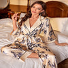 Image of Women's Silk-like Cardigan Lace-up Nightgown Pajama Pants Home Wear Suit Shopping