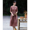 Image of Floral Ramie Dress Women's Round Neck Mid-sleeve Lace-up Waist Shopping