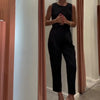 Image of Women's Solid Color Round Neck Top Straight-leg Pants Suit Shopping