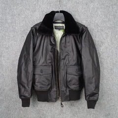 Detachable Fur Collar Flight Suit Cowhide Leather Jacket Shopping