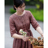 Image of Floral Ramie Dress Women's Round Neck Mid-sleeve Lace-up Waist Shopping