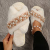 Image of Cross Fur Slipper Pearl Advanced European And American Korean Style Home Plus Size Flowers Shopping