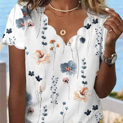 Women's Summer Sexy Shell Collar Floral T-shirt Shopping