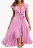 Image of Women's V-neck Short Sleeve Ruffles Long Tie Dress Shopping